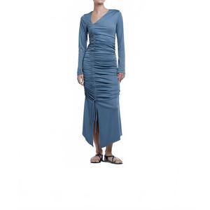 NEW DĀL THE LABEL ruched asymmetric midi dress in blue gray